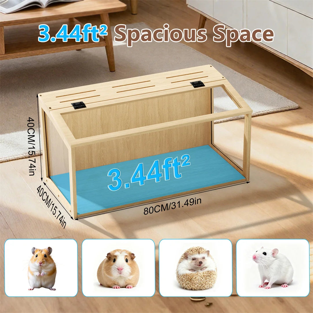 Large Natural Wooden Hamster Cage with Tempered Glass Panels Ventilation Holes And Built-in LED Light for Small Pet Habitat