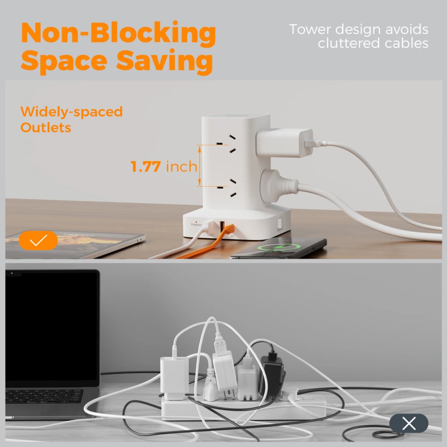 TESSAN AU Plug Tower Power Strip Desktop Fast Charging Station 65W GaN USB C AUS Power Strip with 6 USB Ports for Home Office