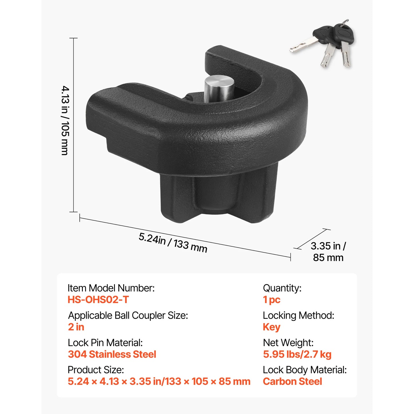 SucceBuy Trailer Hitch Lock Fits 2in Couplers Anti-Theft Trailer Ball Lock with 3 Keys Prying Resistant for Off-Road Vehicles