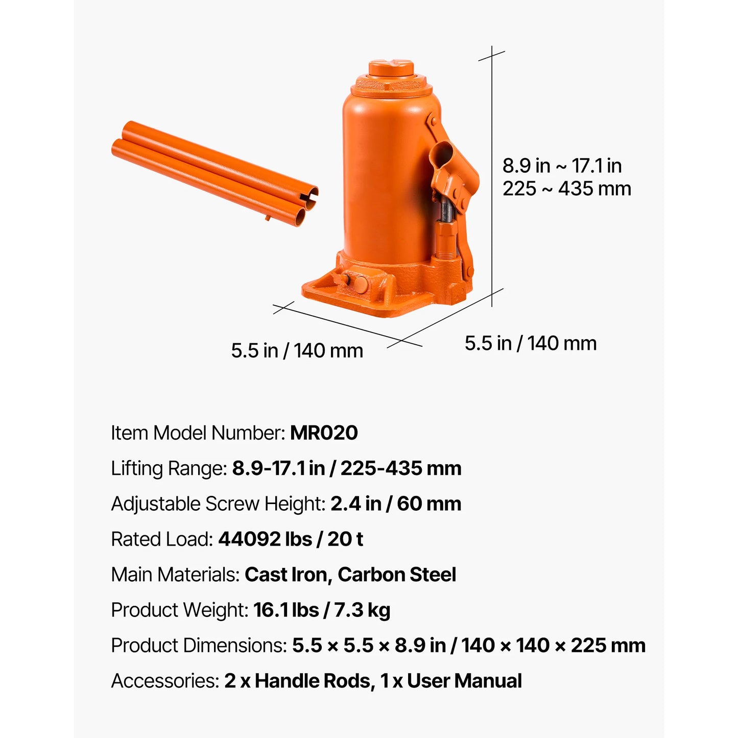 SucceBuy 12/20 Ton Hydraulic Bottle Jack 8.1-15.7 in/8.9-17.1 in Lifting Range Welded Bottle Jack for Car SUV Pickup Auto Repair