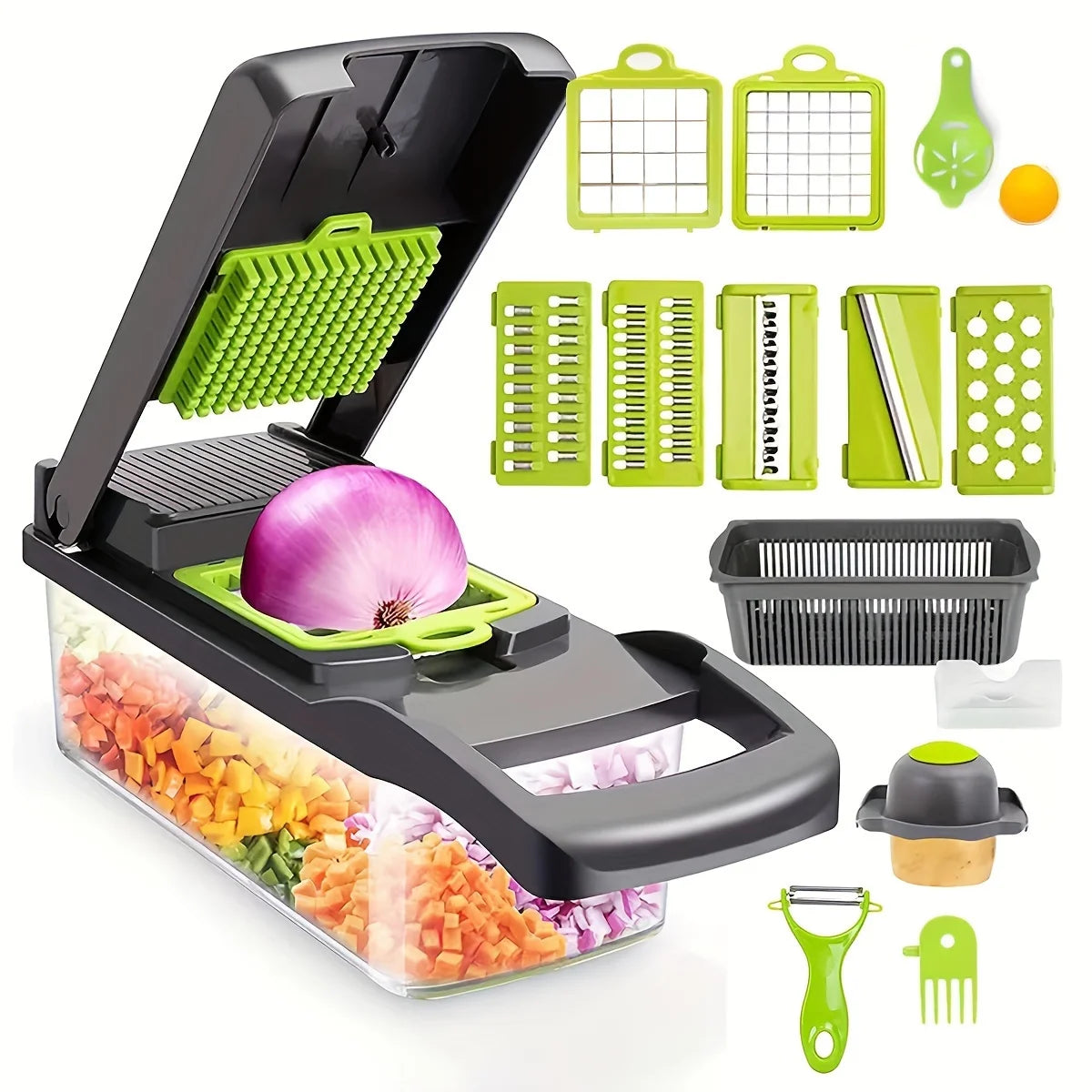 16-in-1 Vegetable Chopper - Manual Food Slicer with Container & Drain Basket for Onion, Carrot & Garlic