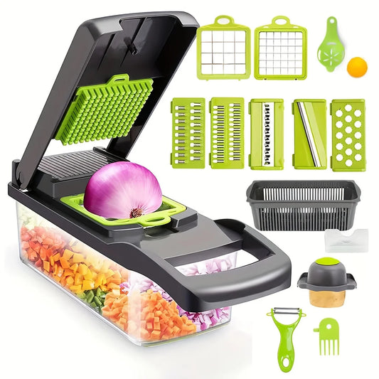 16-in-1 Vegetable Chopper - Manual Food Slicer with Container & Drain Basket for Onion, Carrot & Garlic