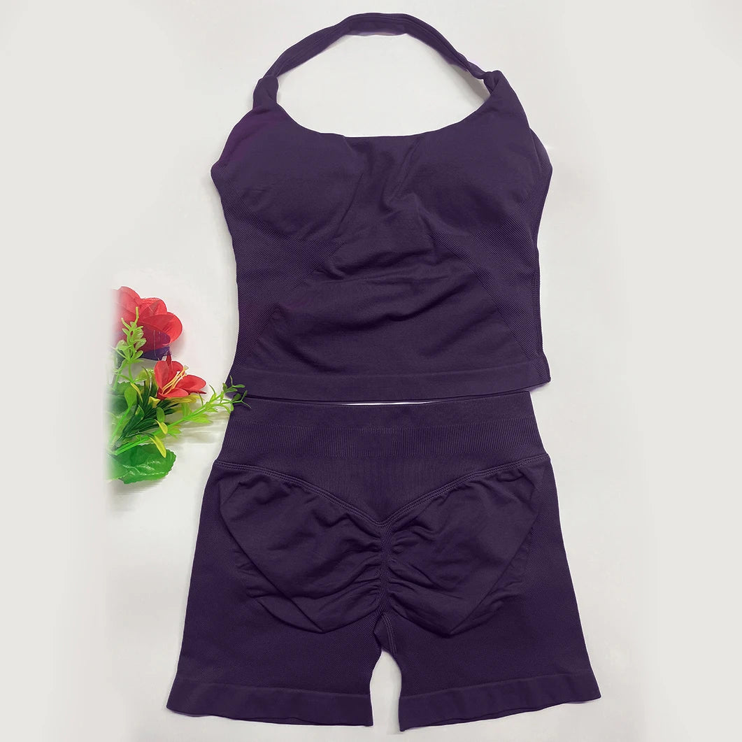 Yoga Outfit DFNNYE Two Pieces Gym Set Women DF Impact Yoga Outfits Backless Halter Top Shorts Fitness Clothes Workout Sets