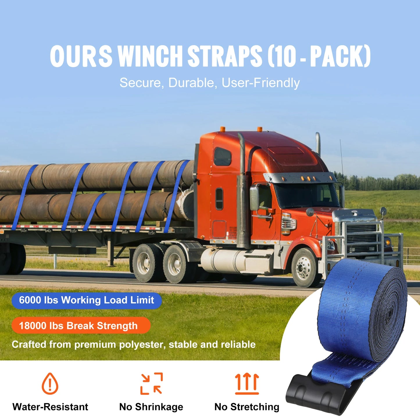 SucceBuy 30/40 ft Winch Truck Straps with Flat Hook Flatbed Tie Downs Cargo Control for Trailers Towing Farms Rescues Tree Saver