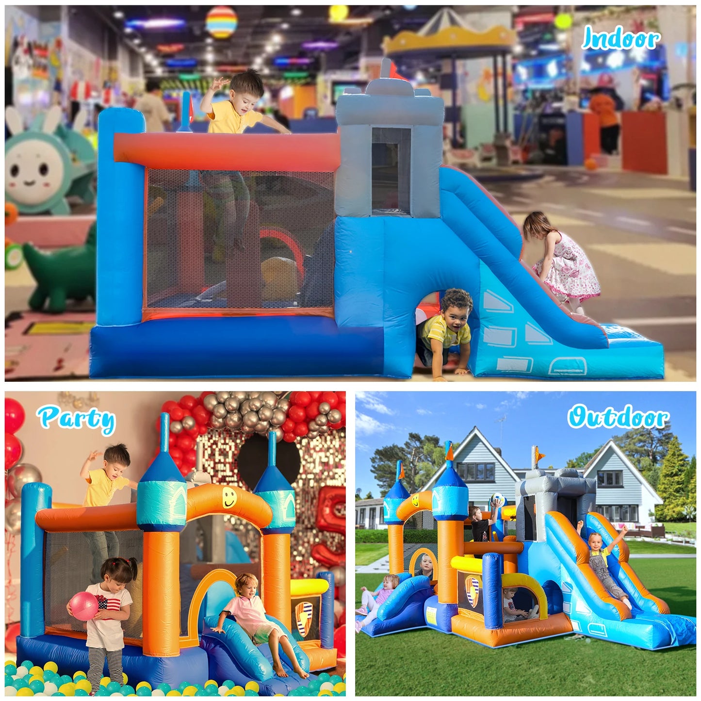 100% PVC Kids Bouncy Castle House  Inflatable Bounce House With 2 Slides Tunnels Climbing, Basketball Hoops Ball Pit, Jum