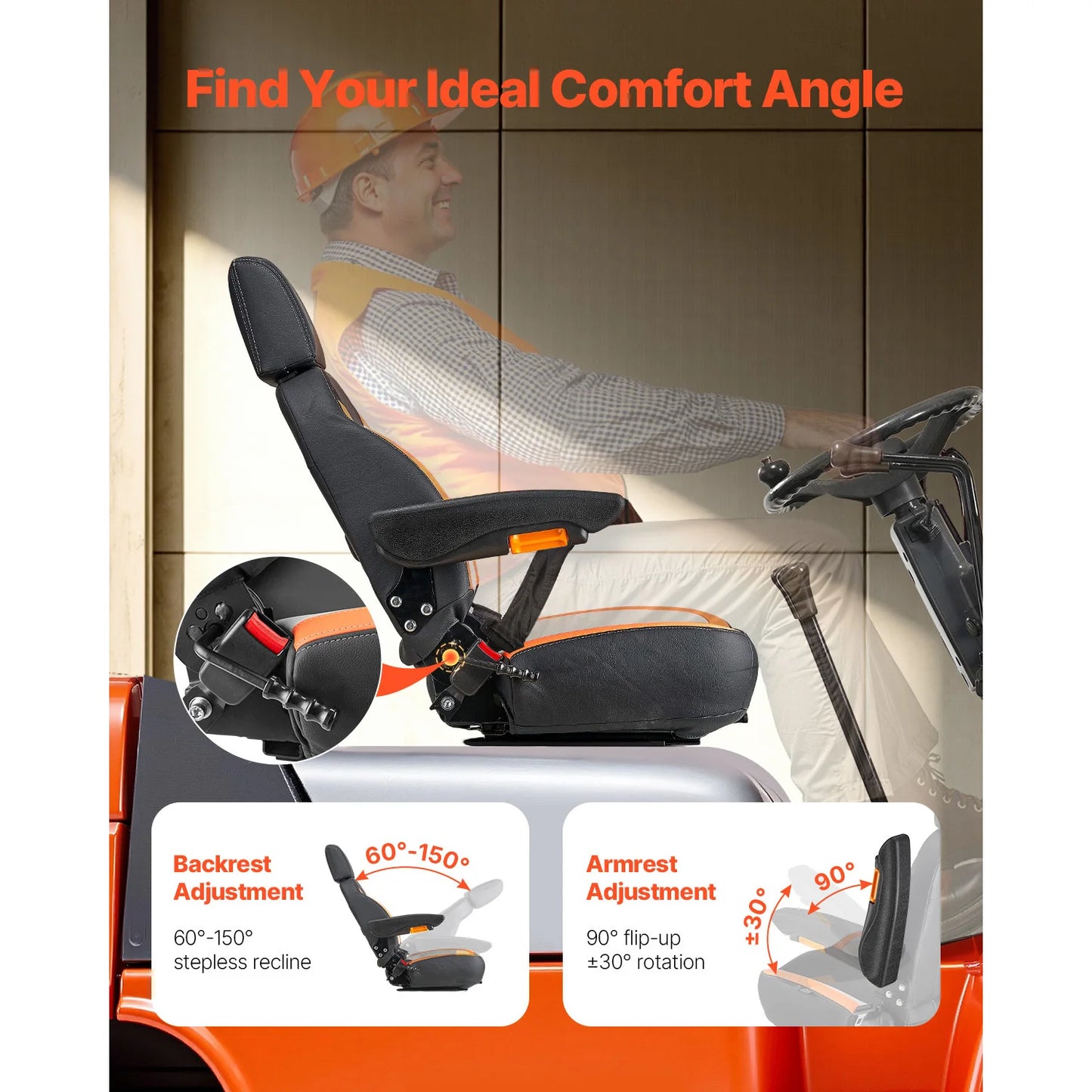 SucceBuy Universal Forklift Seat with Adjustable Back Armrest Headrest&Safety Belt Secure Tractor Seat for Skid Loader Bulldozer