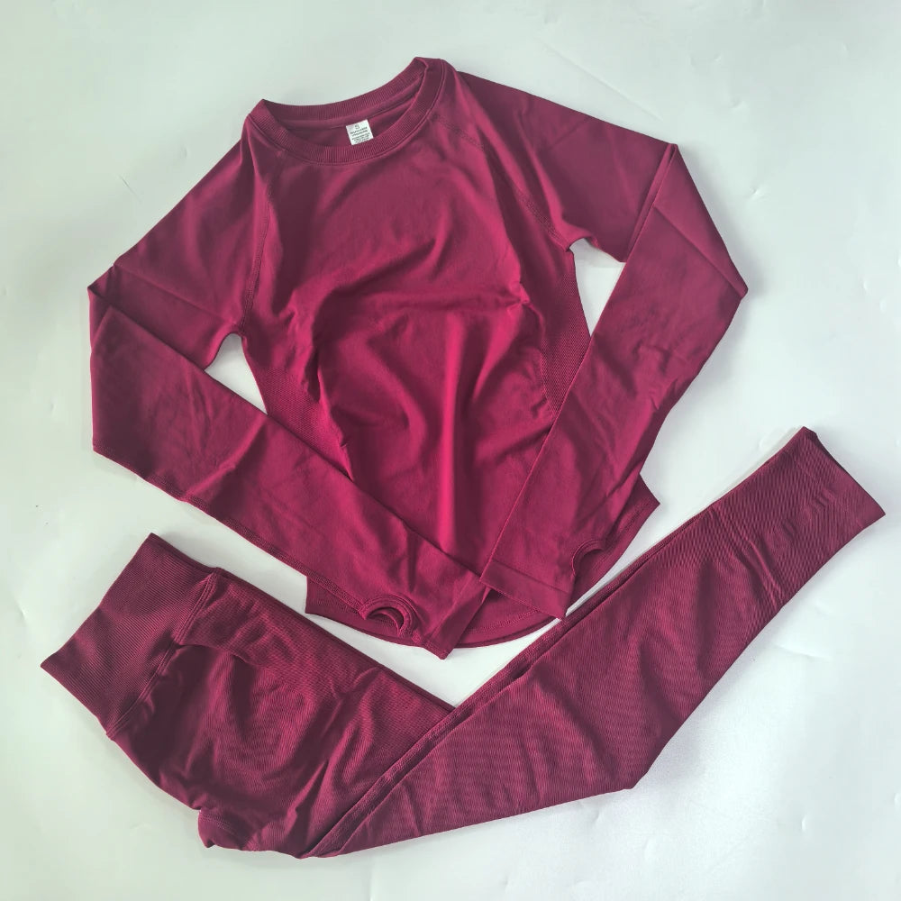 2 Pieces Legging Set Women Seamless Long Sleeve Gym Crop Top High Waist Gym Leggings Sports Set Fitness Clothes Workout Yoga Set