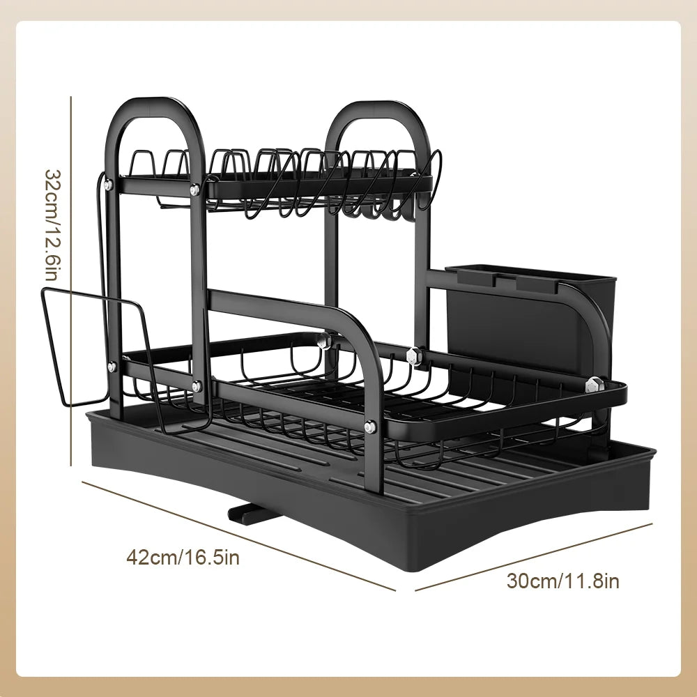 2 Tier Dish Drainer Drying Rack with Cup Holder Cutlery Tray Kitchen Organiser
