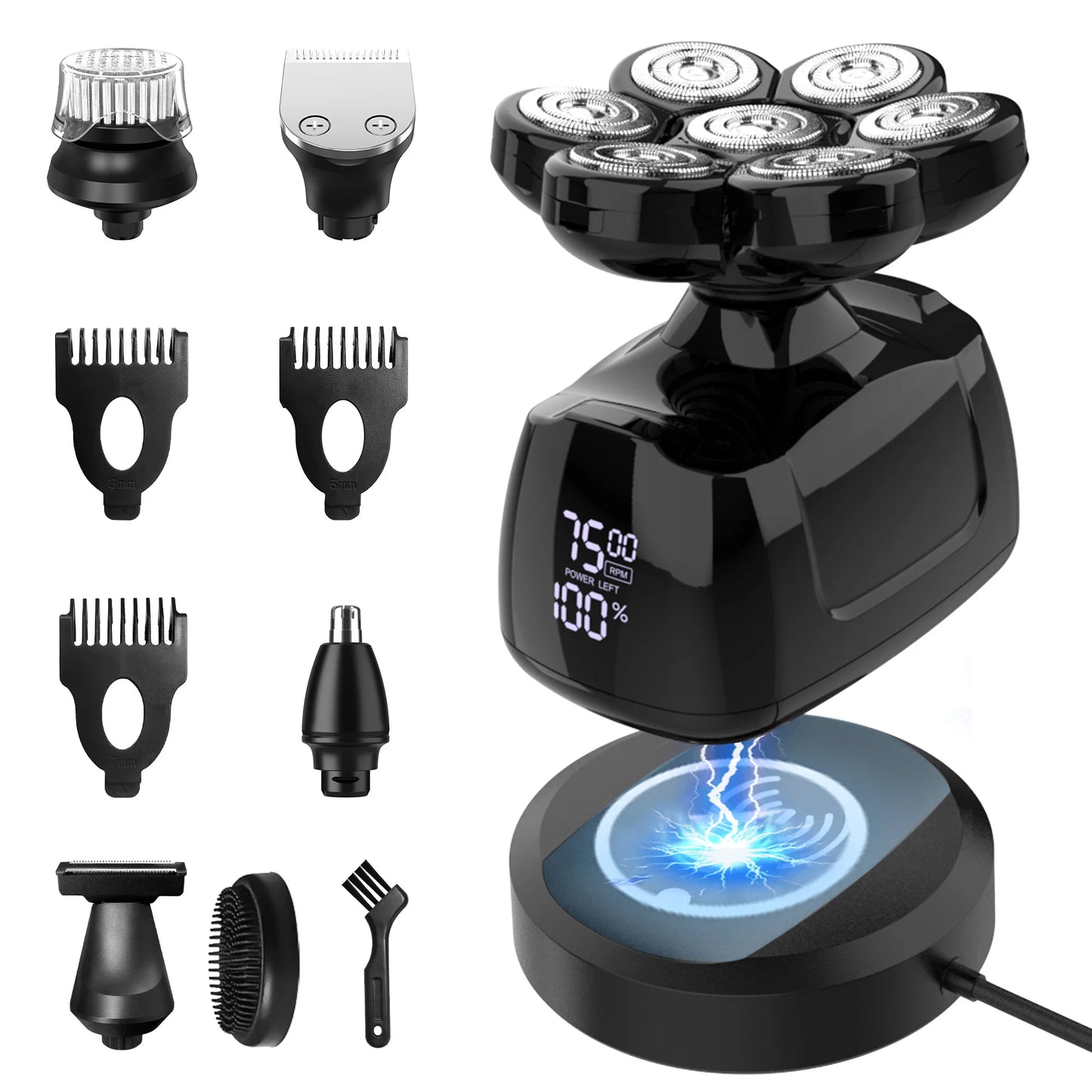 Head shavers for Bald Men 5-in-1 Men's Grooming Kit, 7D Rotary Electric Head Shaver, IPX6 Waterproof Wet/Dry  Wireless Rechargeable