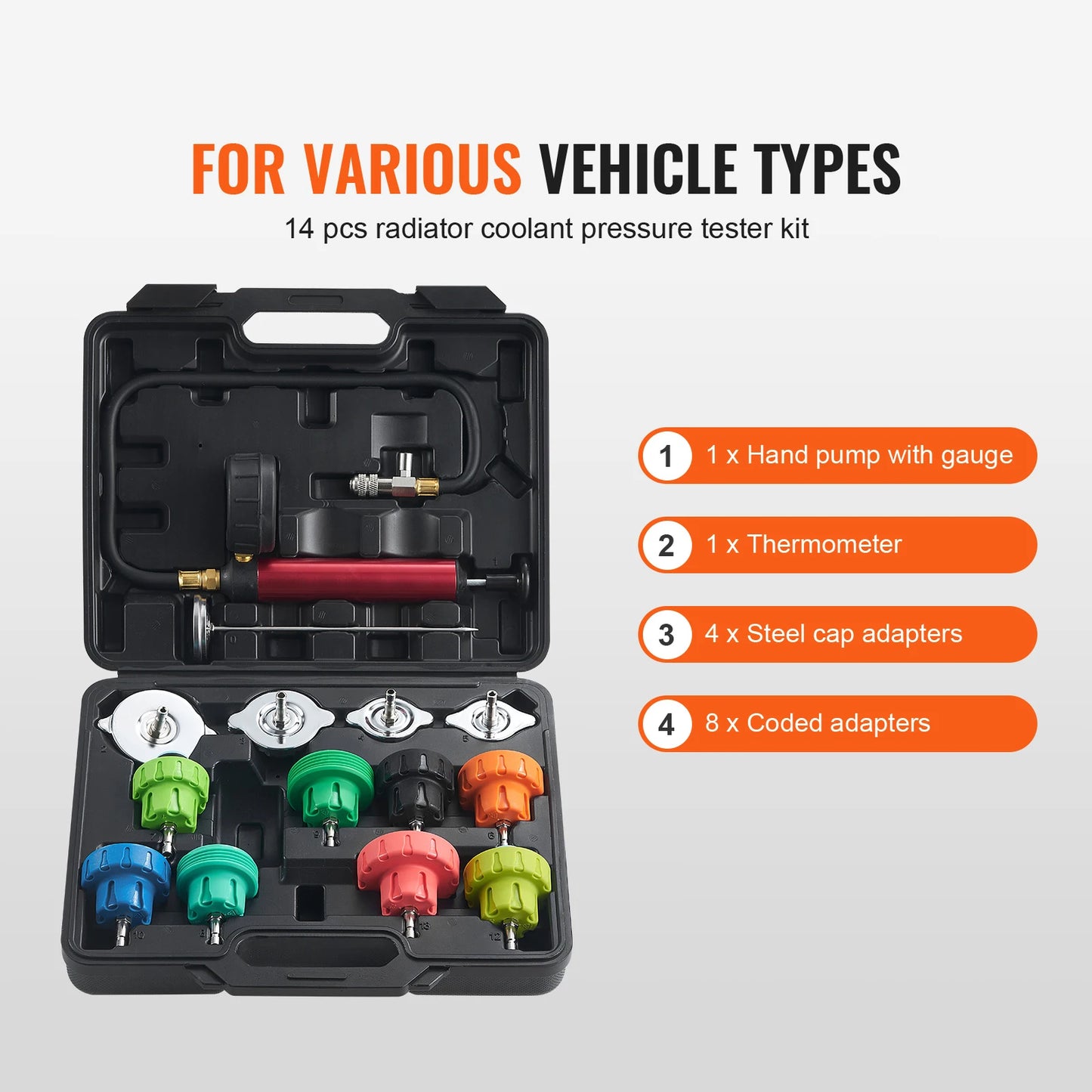 SucceBuy Universal Radiator Pressure Tester Kit Manual Pump Color-coded Steel Test Cap Adapters Toolbox For Car Motorcycle Truck