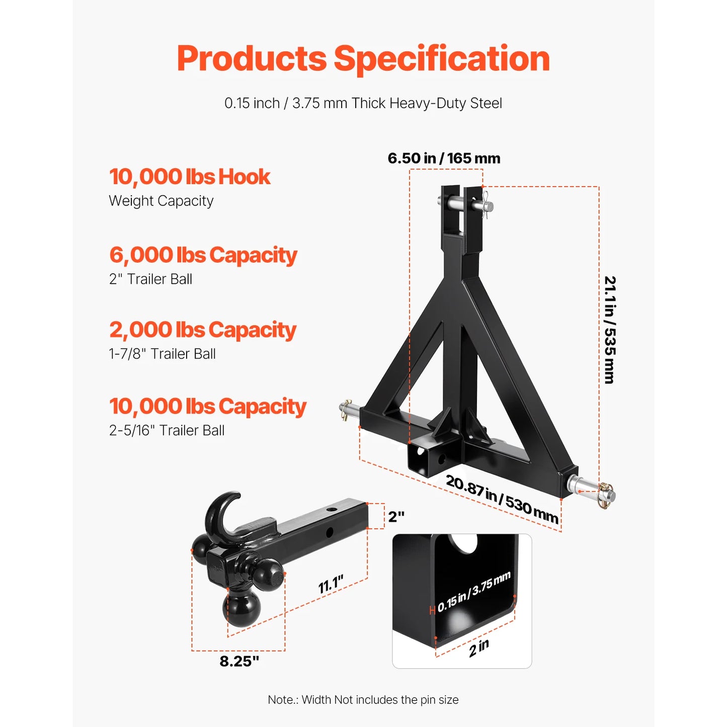 SucceBuy 3 Point Trailer Hitch 2in Receiver 3pt Quick Hitch Attachment with 3 Trailer Balls Compatible with Kubota Mahindra Ford