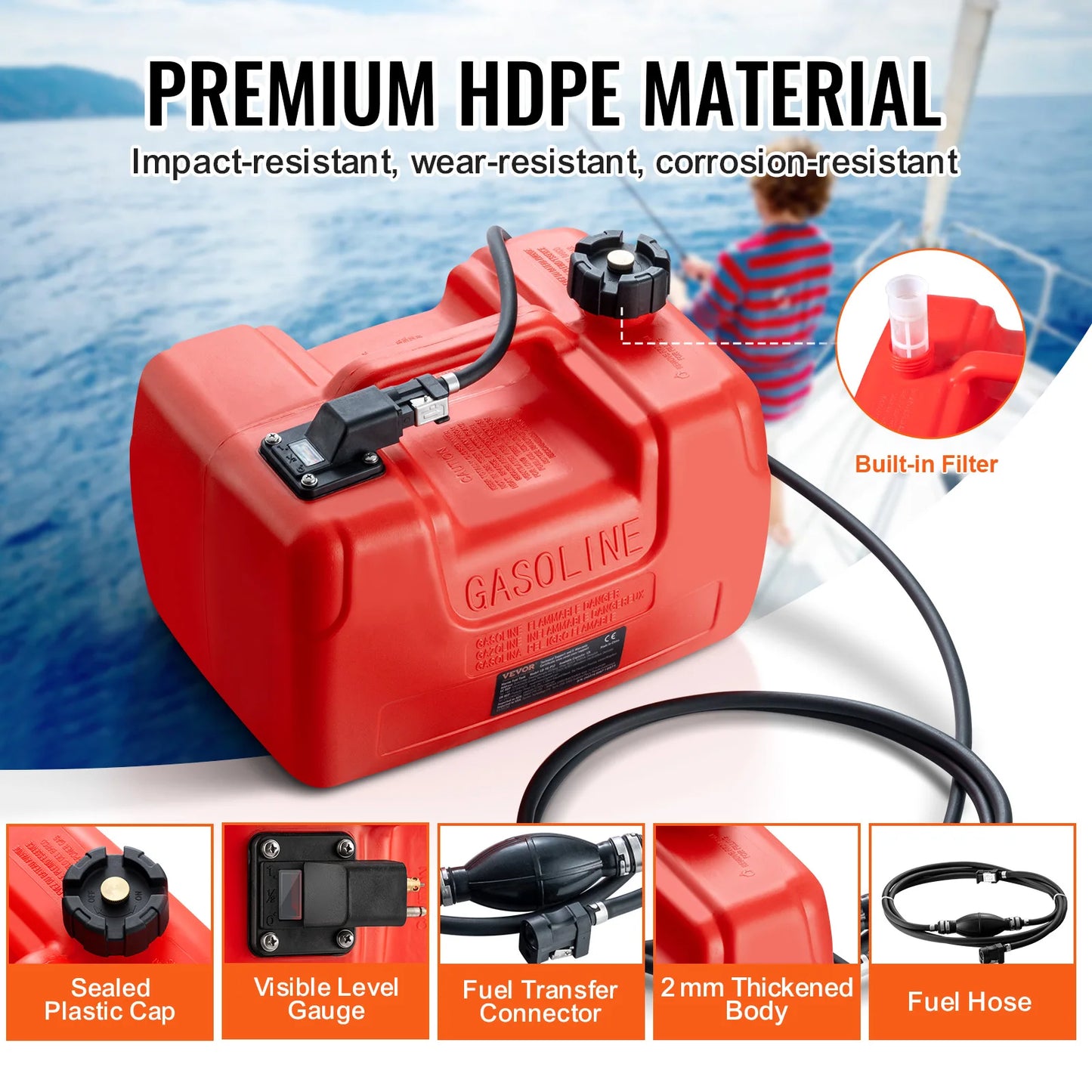 SucceBuy 3Gal/12L Fuel Tank Mororcycle Accessories Petrol Cans with Hose Barrels Gas Spare Container for Yacht Fishing Deck Boat