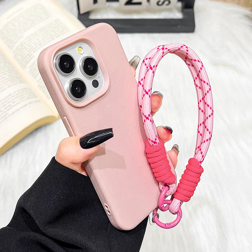 Lanyard Strap Rope Silicone Phone Case For iPhone 13 17 11 15 12 14 16 Pro Max Soft Candy Color Lichee Pattern Leather Cover