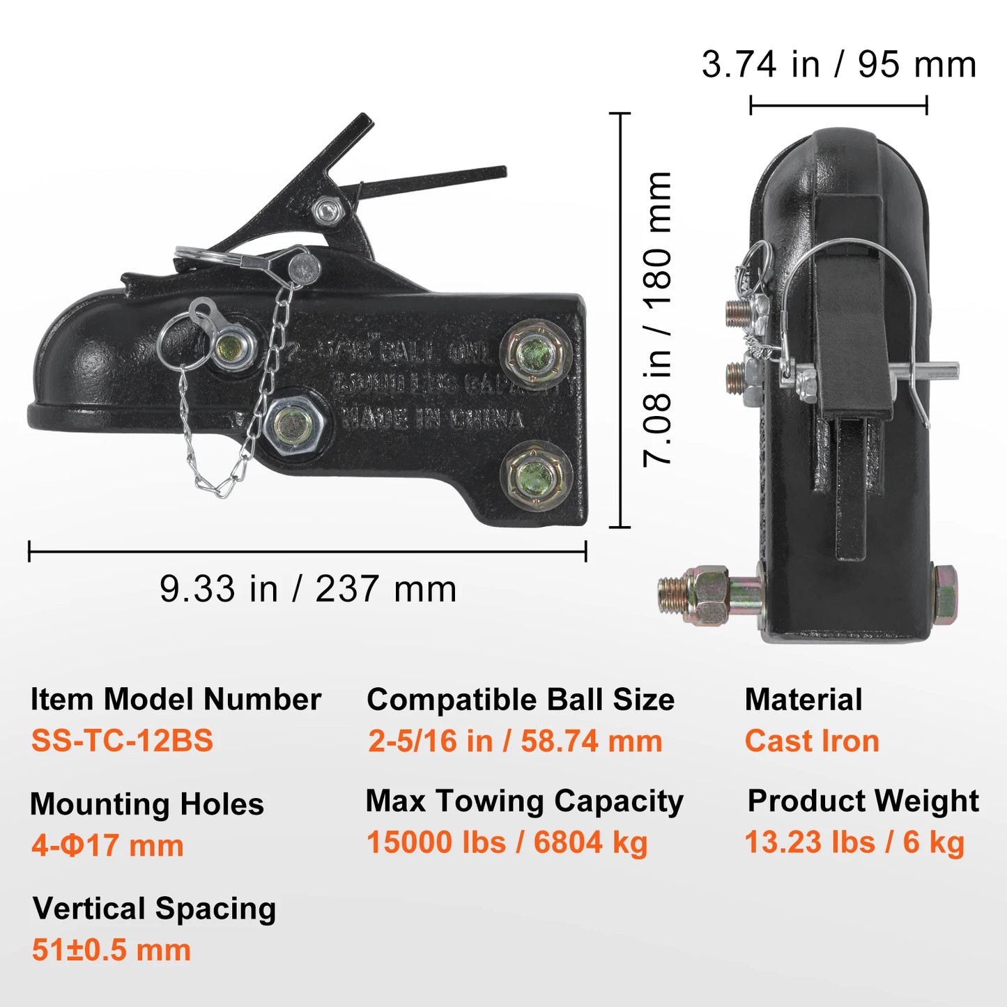VEVOR 15000 lbs Adjustable Trailer Coupler 2-5/16" Hitch Ball Coupling Straight Towing Tongue for RV Parts Camper Caravan Trucks