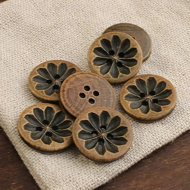 20pcs 18mm Vintage-Inspired Dark Brown Wooden Buttons with Intricate Carvings - Ideal for DIY Shirt Cardigan Sweater and Blazer