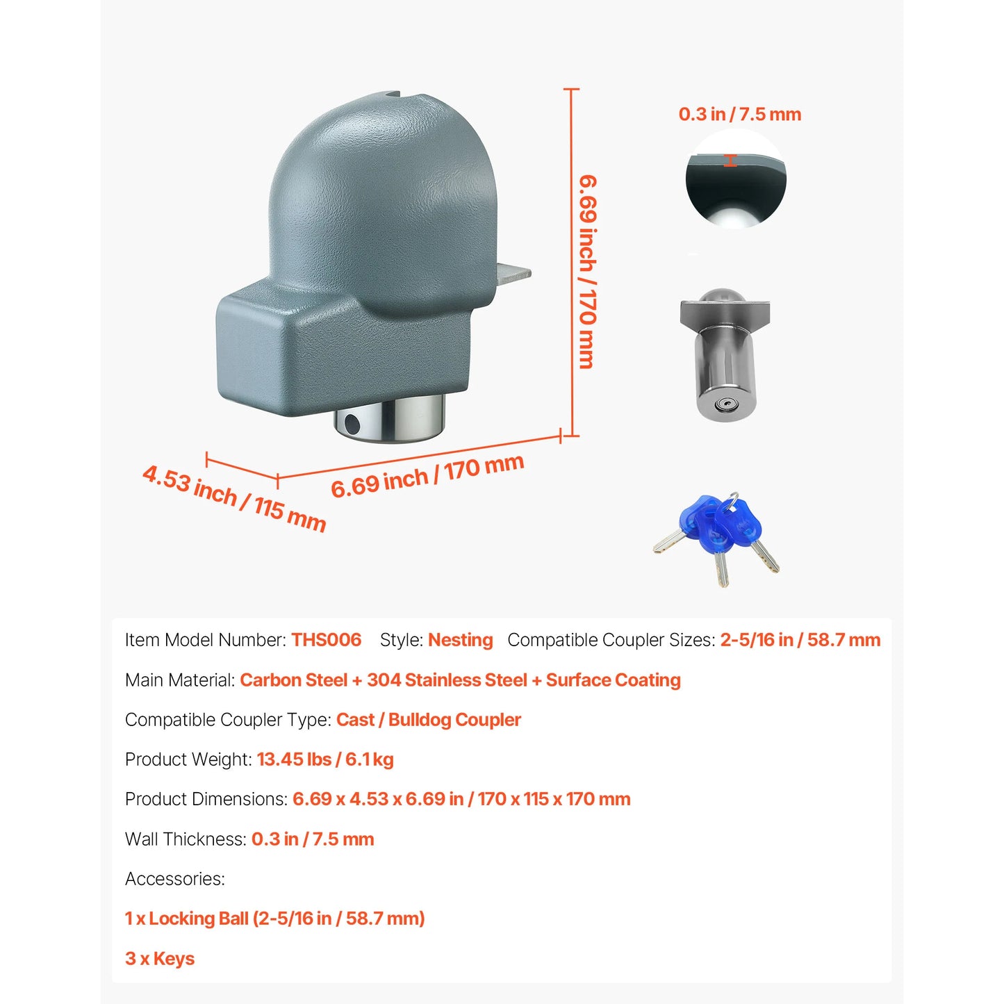 SucceBuy Trailer Coupler Lock Fits 2-5/16in Cast/Bulldog Trailer Couplers RV Hitch Lock with 3 Keys & Coupler Ball Lock for Boat
