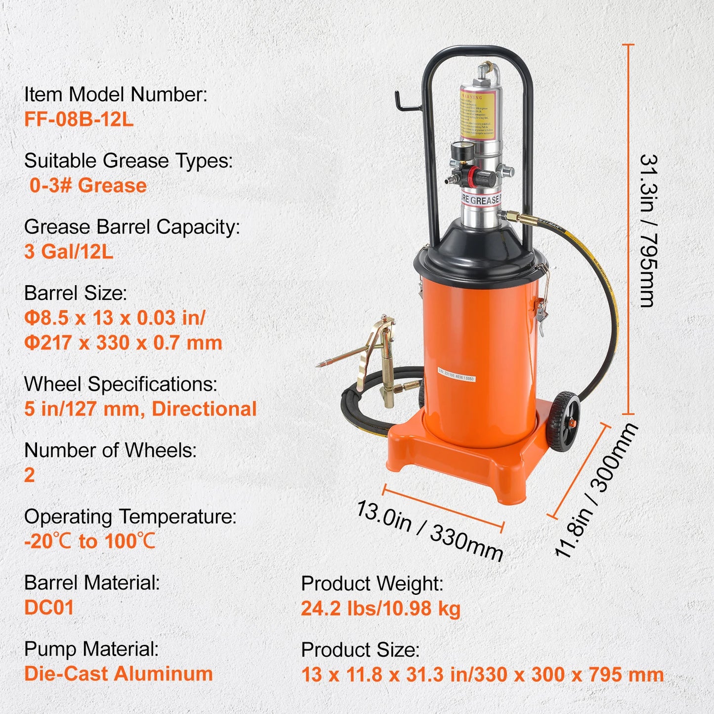 SucceBuy 3/5/10 Gallon Grease Pump Air Operated with Hose Pneumatic Grease Bucket Gun and Wheels for Cars 50:1 Pressure Ratio