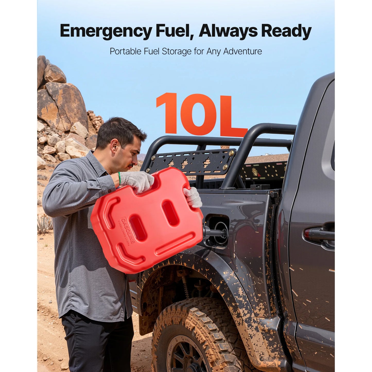 SucceBuy Fuel Container 2.6 Gal 15 L/min Max Flow Rate Portable with Spout and Lockable Bracket Secure Leak-proof for Most Cars