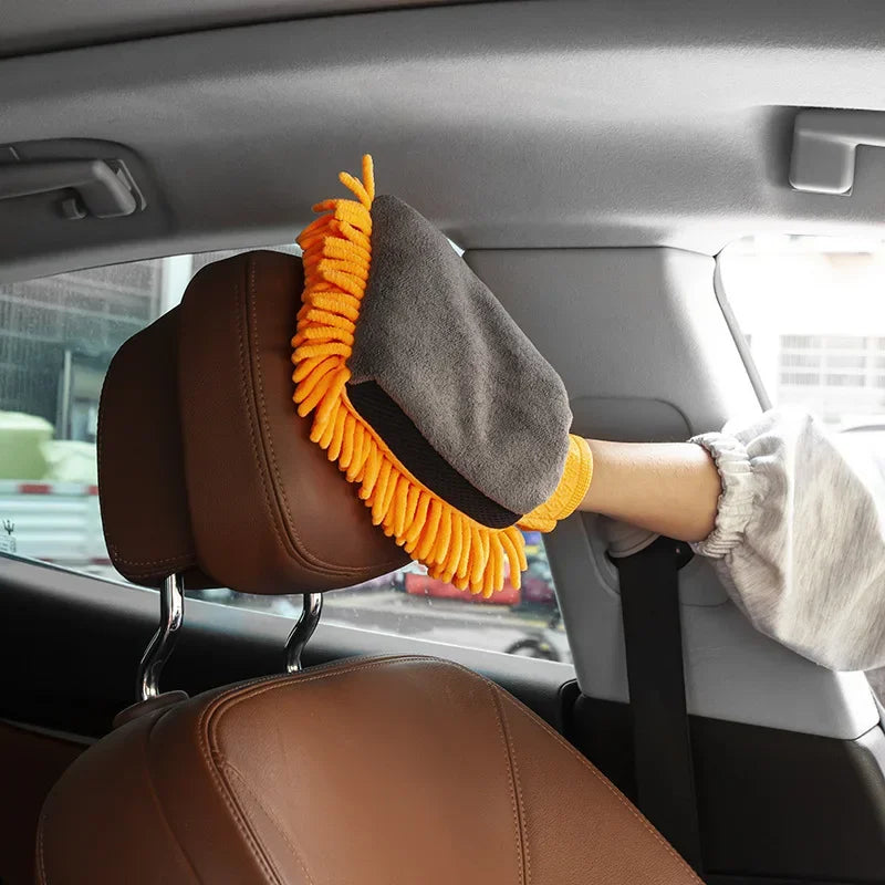 Car Cleaning Microfiber Suede Waterproof Glove - Double-Sided Auto Care Glove with Cleaning Brush & Cloth Towel