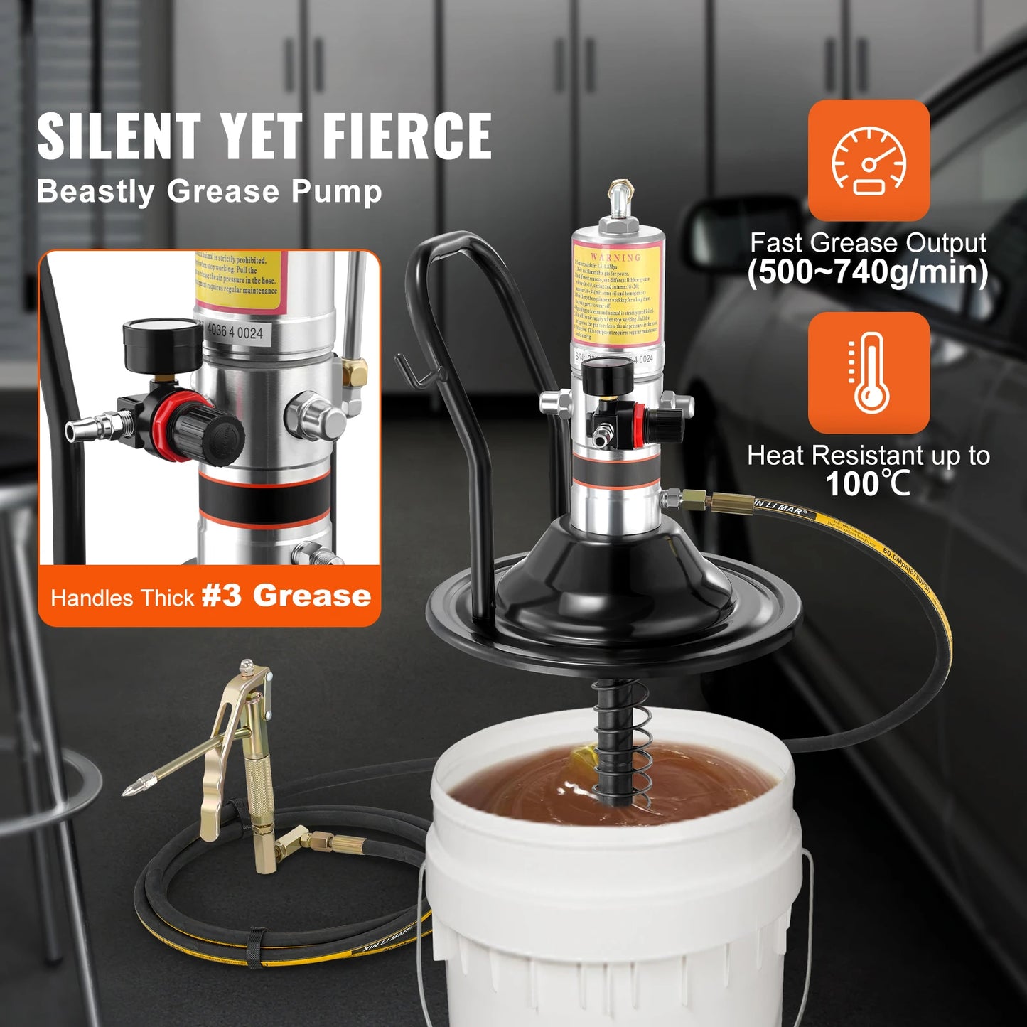 SucceBuy Grease Pump 50:1 Pressure Ratio Air Operated with 13 ft Hose Barrel Cap and Lubrication 360° Grease Gun Head for Cars