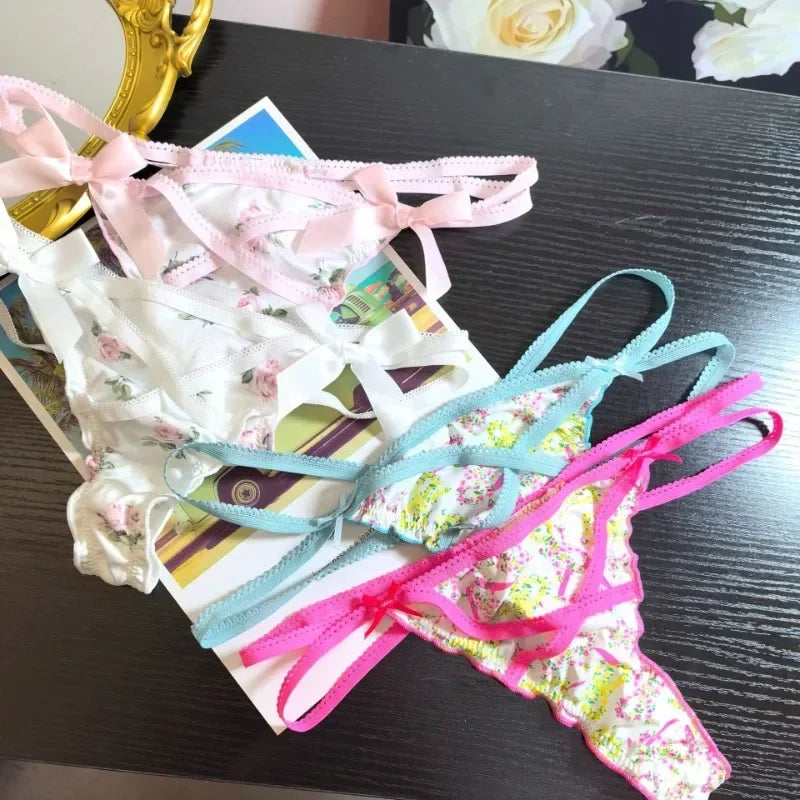 Ruffled Lovely Sweet Thong Briefs women Smooth Satin Panties Floral Printed T-back Underwear Bow Cross Strap Low Rise Underpants