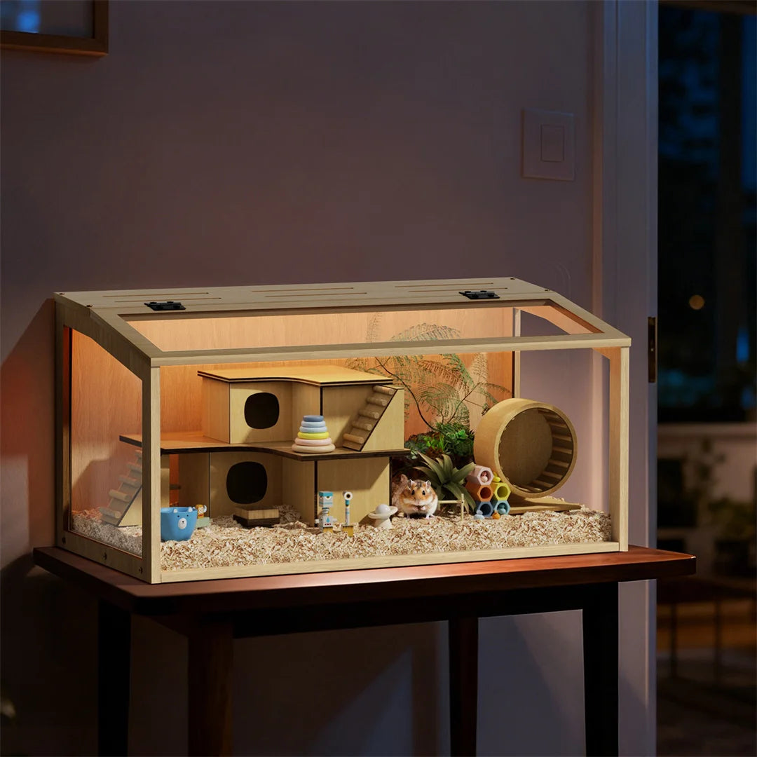 Large Natural Wooden Hamster Cage with Tempered Glass Panels Ventilation Holes And Built-in LED Light for Small Pet Habitat