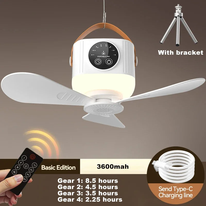 LED Light With Fan Portable Silent Ceiling Fans Light Rechargeable/Plug-in LED Lamp Remote Control 7200mAh for Bedroom Camping