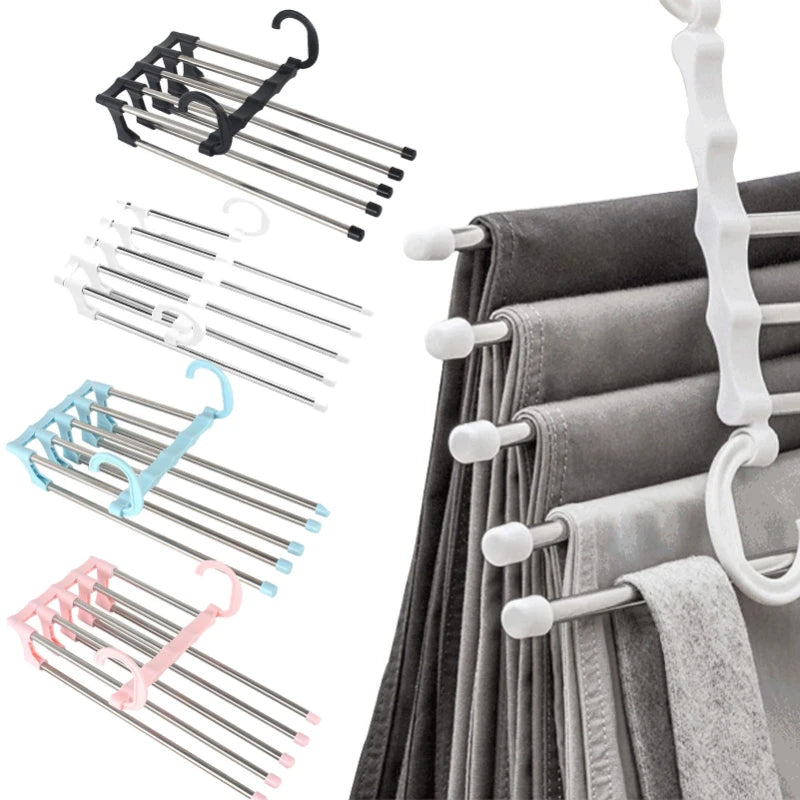 5 in1 Save Space Pants Hanger Collapsible Towel Tie Hook Multi-functional Clothes Trouser Rack Wardrobe Closet Organizer Storage