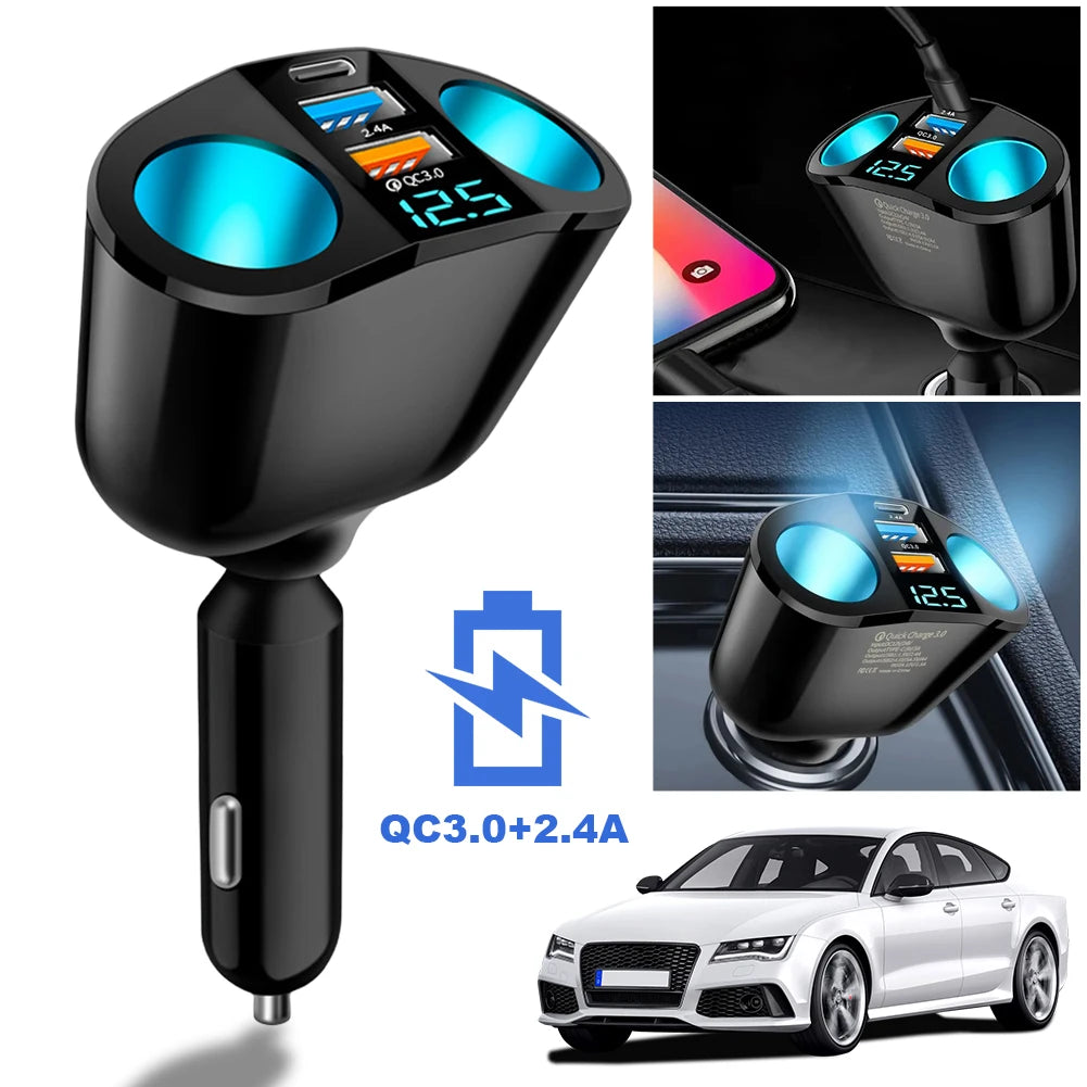 Car Cigarette Lighter Socket Splitter PD QC3.0 12V-24V Phone Charger Socket Dual USB Power Adapter for Mobile Phone DVR Charging