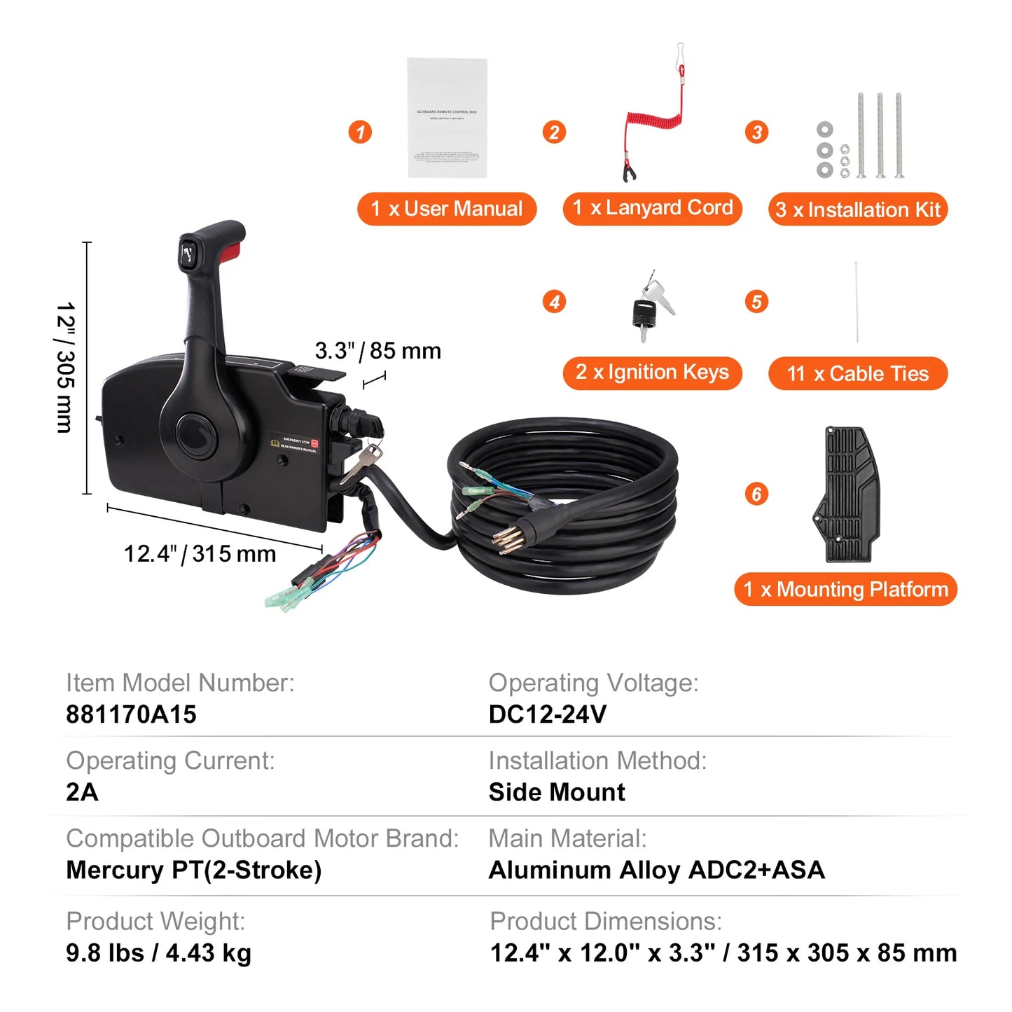 SucceBuy Boat Throttle Control Side Mounted Outboard Remote Box to Mercury PT 4 Stroke Marine Power Trim Switch Harness Lanyard
