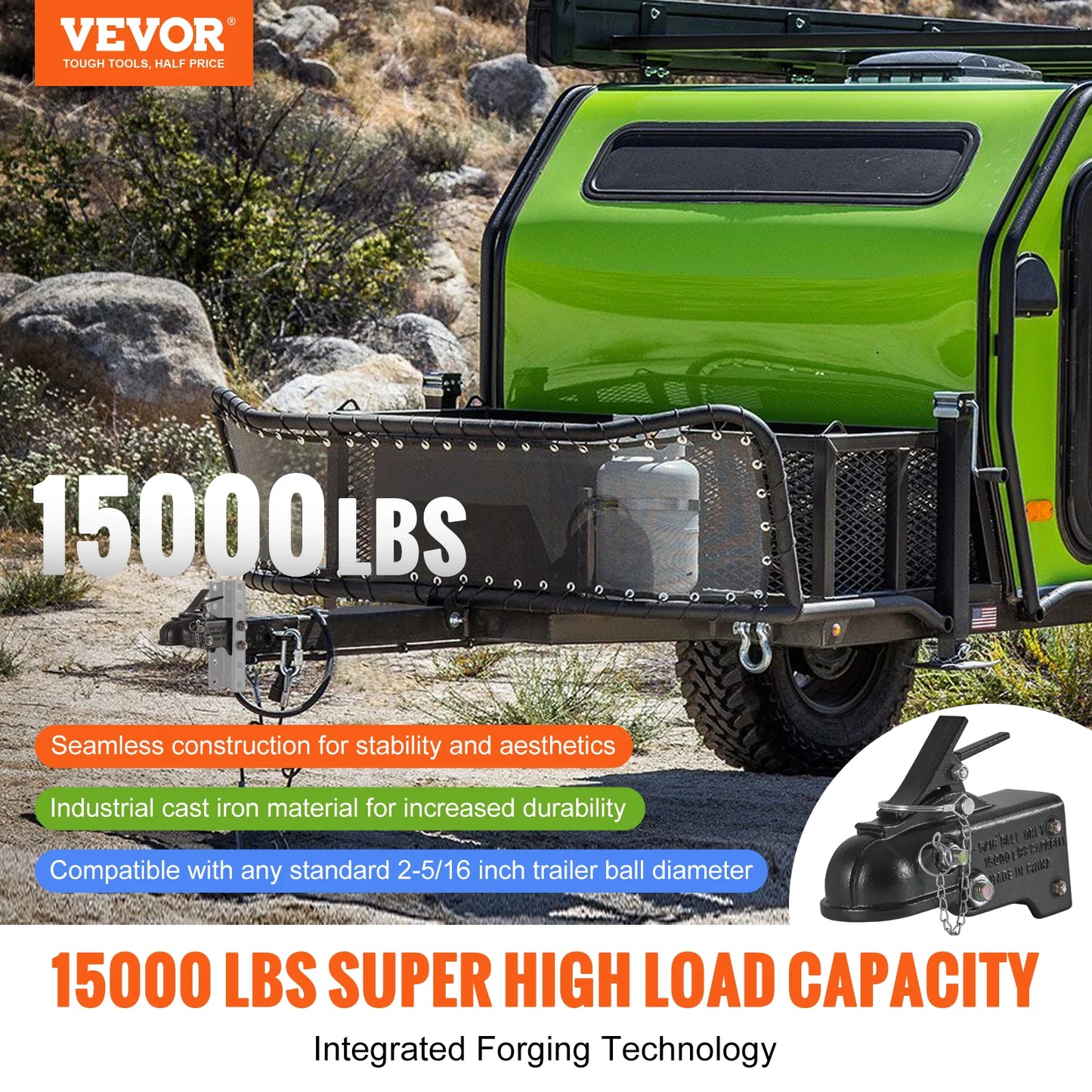 VEVOR 15000 lbs Adjustable Trailer Coupler 2-5/16" Hitch Ball Coupling Straight Towing Tongue for RV Parts Camper Caravan Trucks