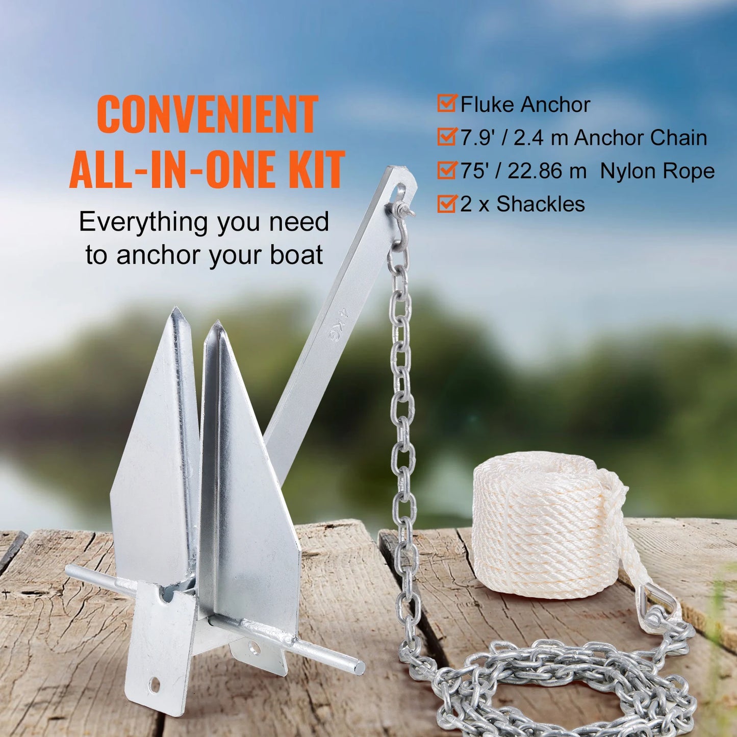 SucceBuy Fluke Style Anchor Kit 13 LBS Hot-Dipped Galvanized Steel Fluke Anchor with 7.9' Chain 101' Rope and Two 0.4" Shackles