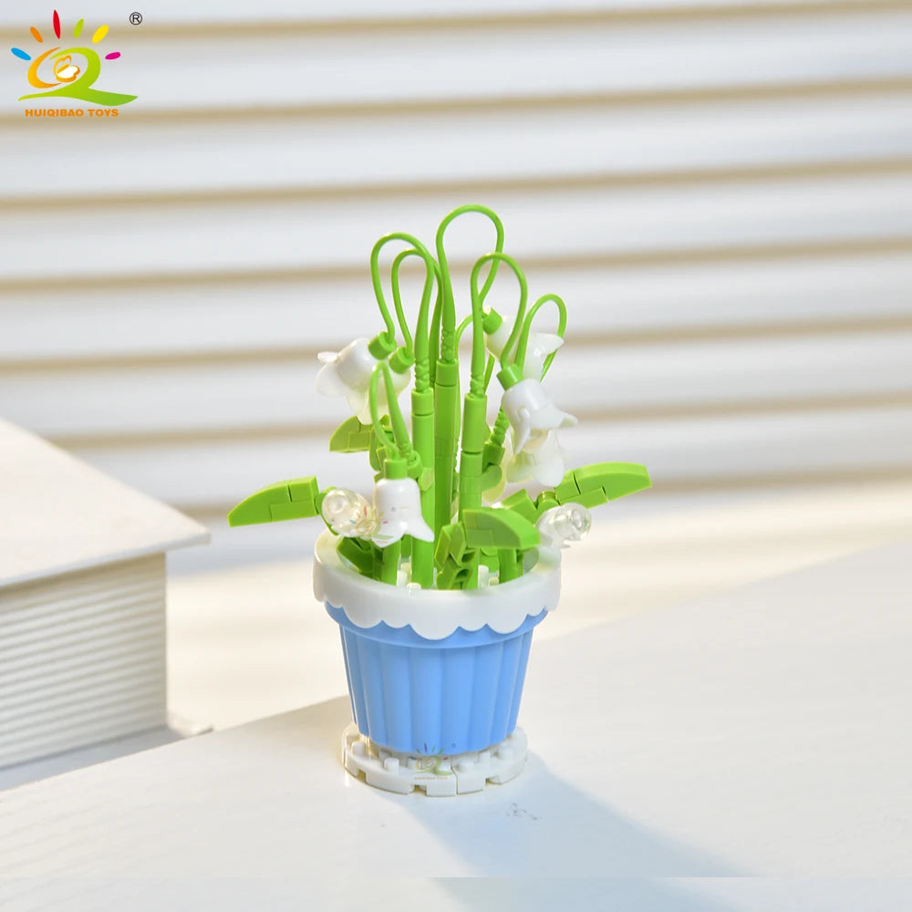HUIQIBAO MOC Bouquet Potted Plant Micro Building Blocks Eternal Flower Model DIY Home Desk Decoration Brick Toy For Children
