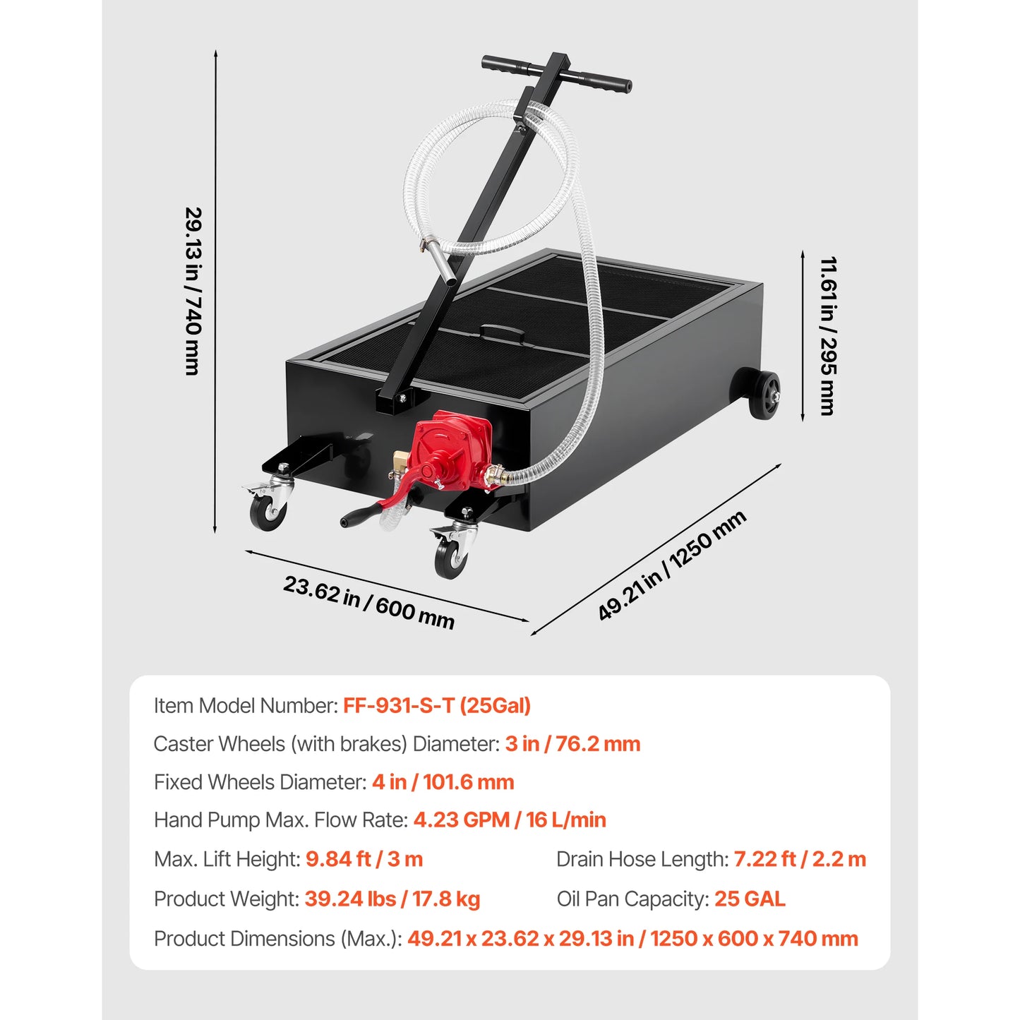 SucceBuy Low Profile Oil Drain Pan 25 Gallon Capacity with Manual Pump 7.2 ft Hose & Handle Corrosion-resistant Fit for Cars