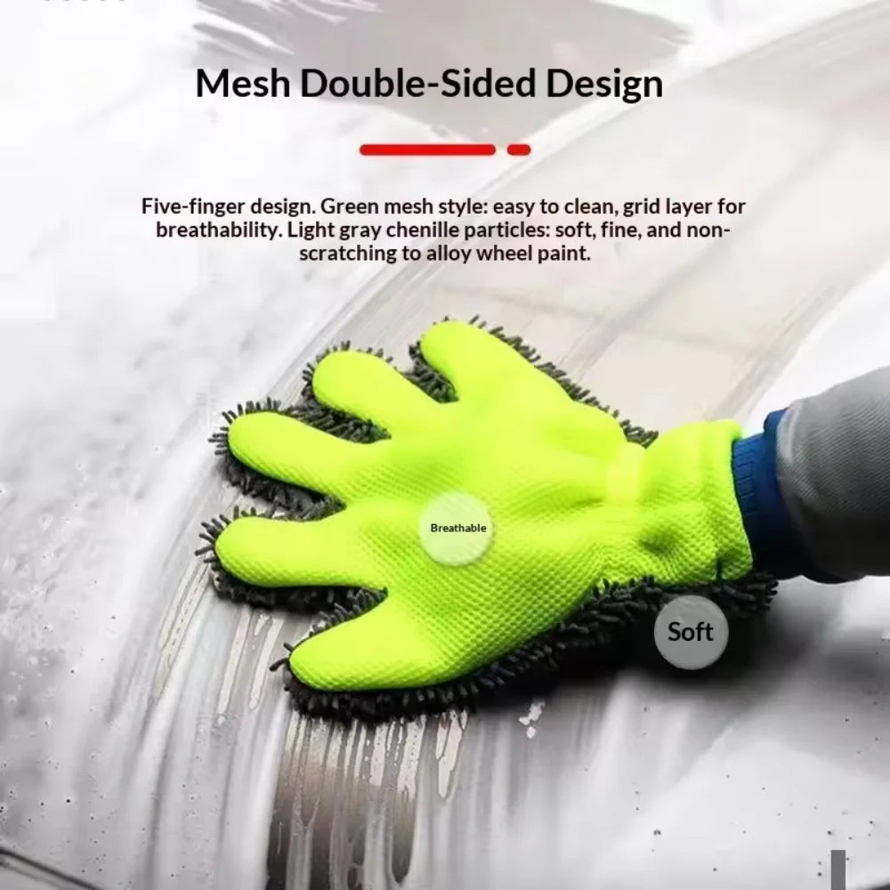 1 PC Five-Finger Car Wash Gloves - Fur-covered Car Cleaning Sponge Gloves - Hub Cleaning and Multi-functional Car Cleaning Tools