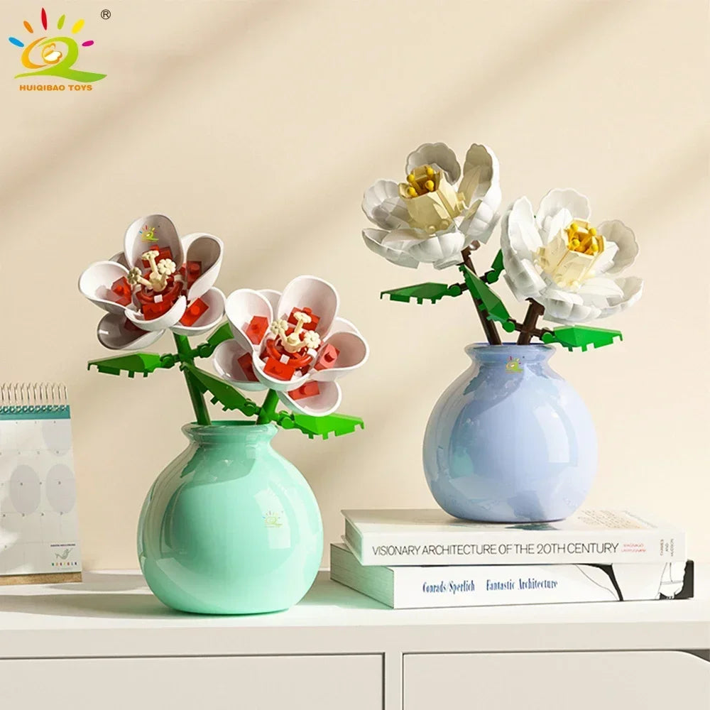 HUIQIBAO MOC Flower with Vase Model Building Block DIY Eternal Bouquet Home Desk Desk Plant Decor Brick Girl Gift Children Toy
