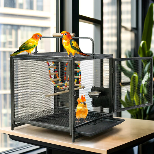 Portable Black Metal Flight Bird Cage Playpen with Hammock Swing Toy, Perch Stand for Parrots,Conure,Lovebird,Cockatiel,Budgies