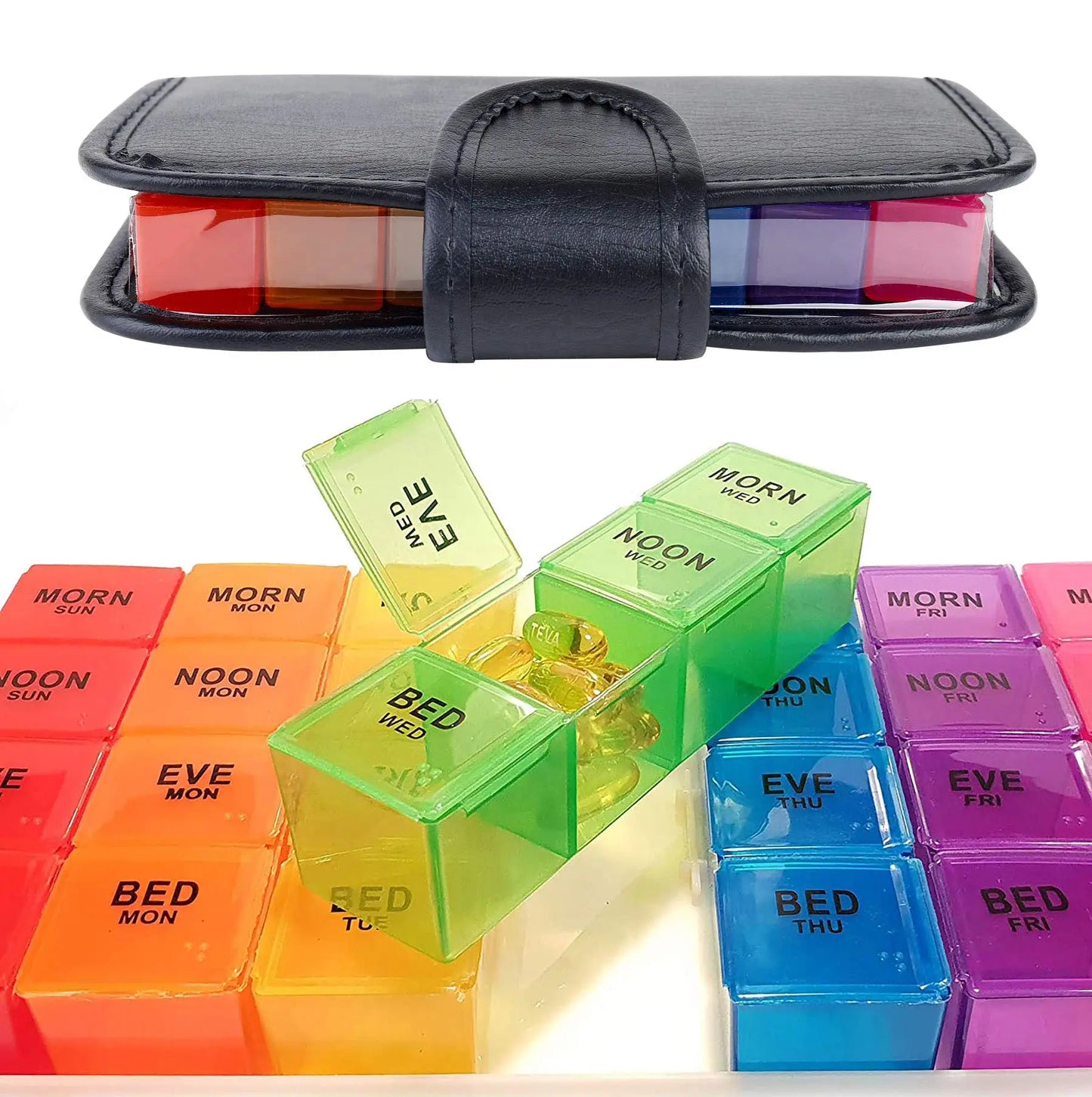 7day Pill Box 28 Compartments Multi-Coloured Weekly Case with PU Wallet for Vitamins Fish Oils Tablet Medicine Storage Organizer