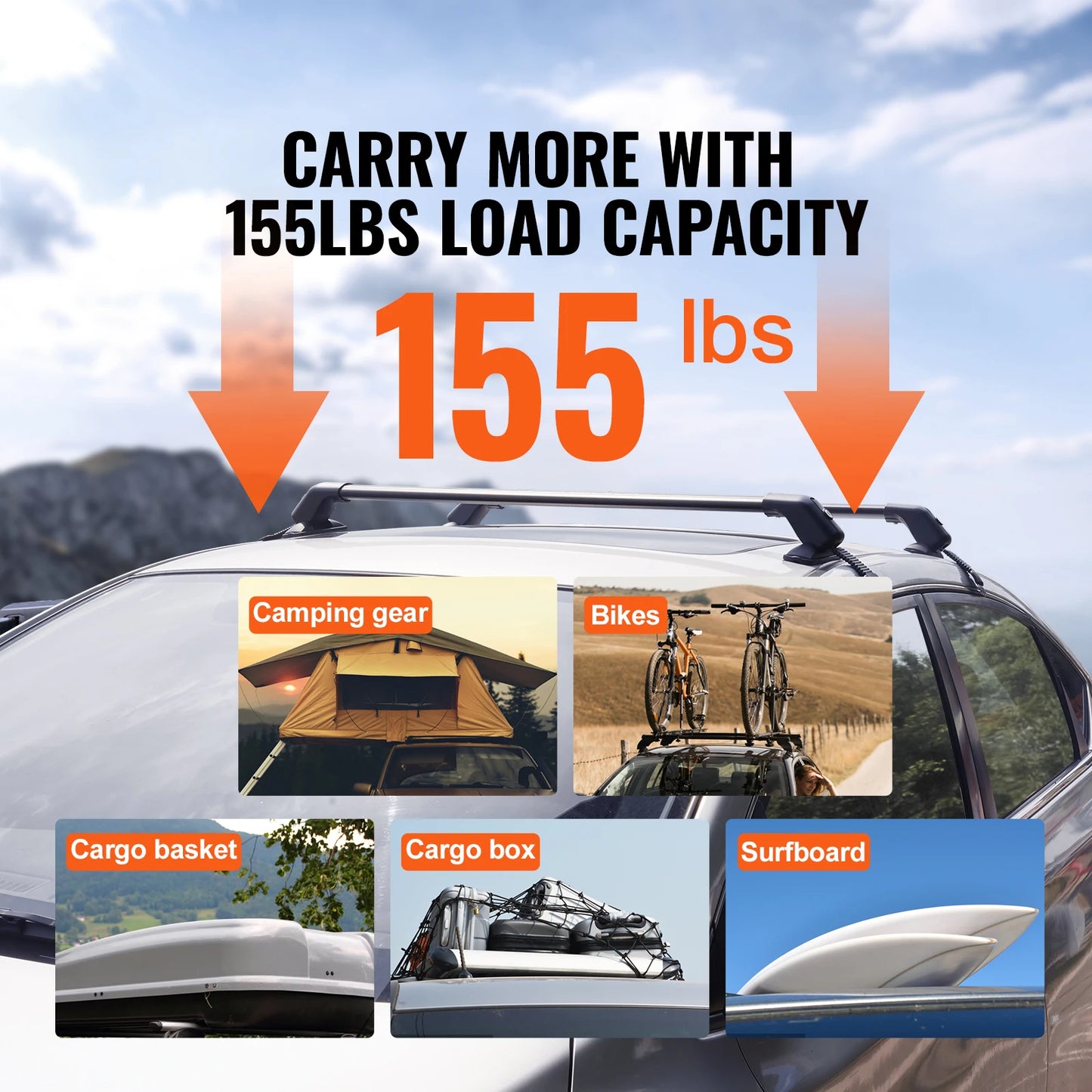 SucceBuy 155 lbs Universal Roof Rack Cross Bars Aluminum Roof Rack Crossbars Adjustable Bare Roof Crossbars with Lock for SUV