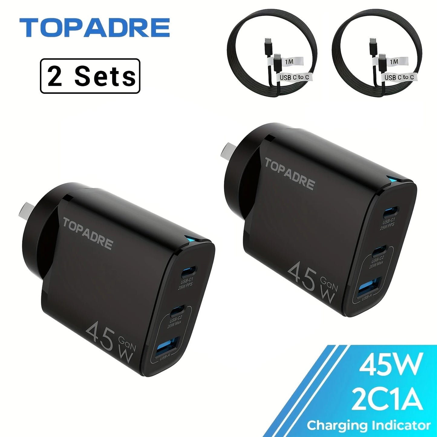TOPADRE 45W GaN Charger 3ports PD 3.0 USB C Phone Charger For iPhone 17 16 15 Pro Samsung S25 Xiaomi Tablet iPad Air