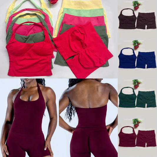 yoga outfits Women 2 pcs Sports DF Impact Set halterneck Backless Halter Top Seamless Scrunch Shorts Gym Workout Sports Suits