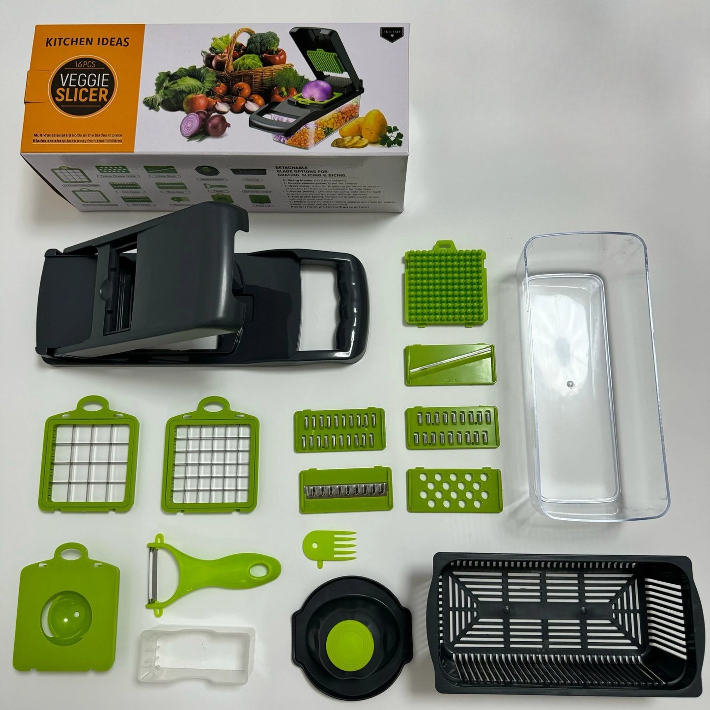 16-in-1 Vegetable Chopper - Manual Food Slicer with Container & Drain Basket for Onion, Carrot & Garlic