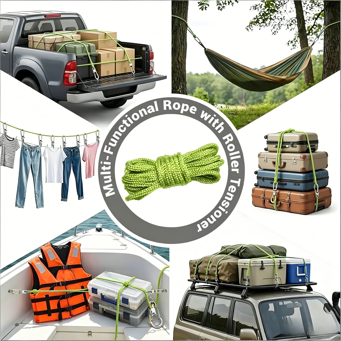 Rope fasteners and tensioners - High-strength retractable paracord with alloy carabiners and windproof binding straps
