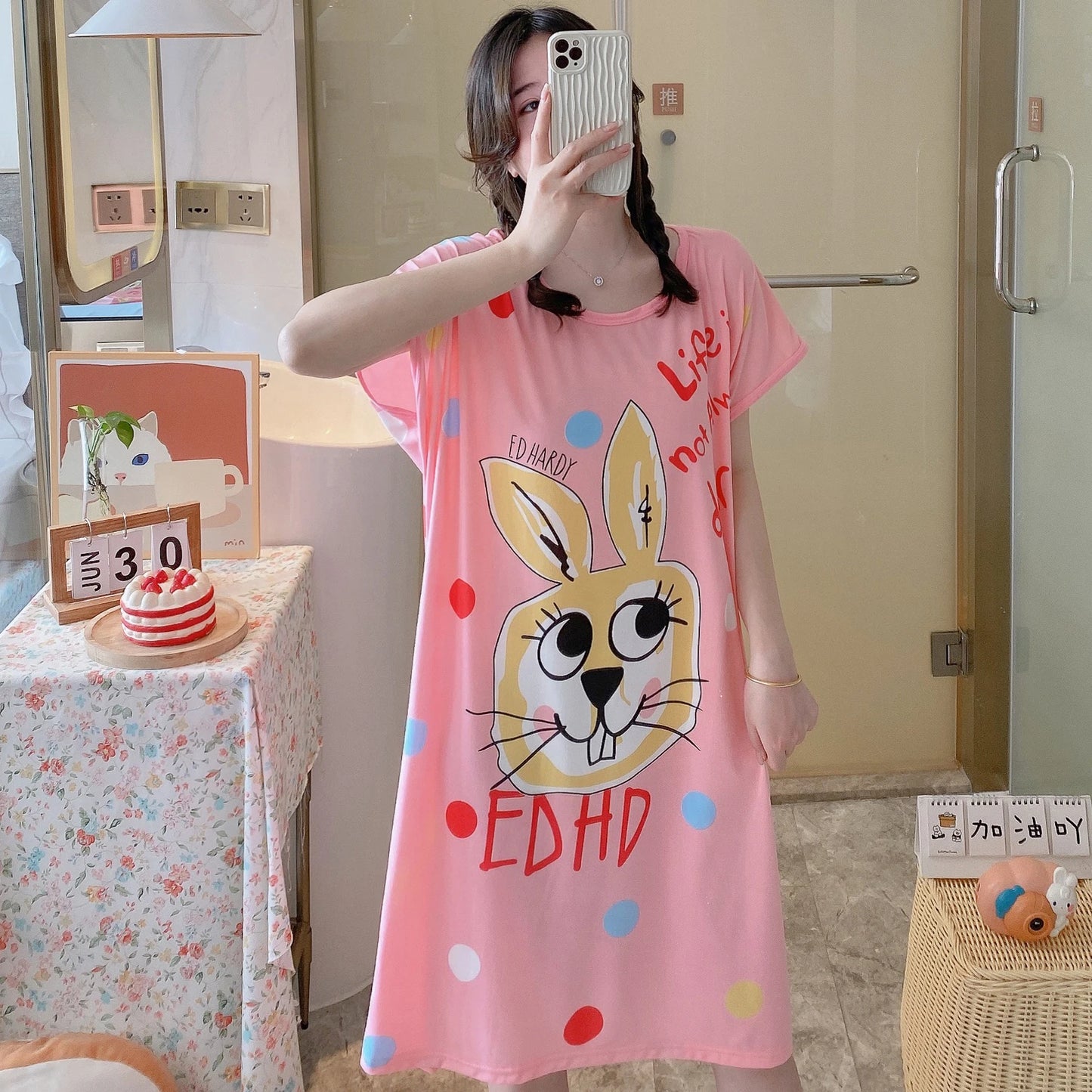 1PC, Summer And Autumn Cool Cute Girls Cartoon Nightdress, Comfortable Short-sleeved Dress, Women's Home Wear, Polyester Pajama