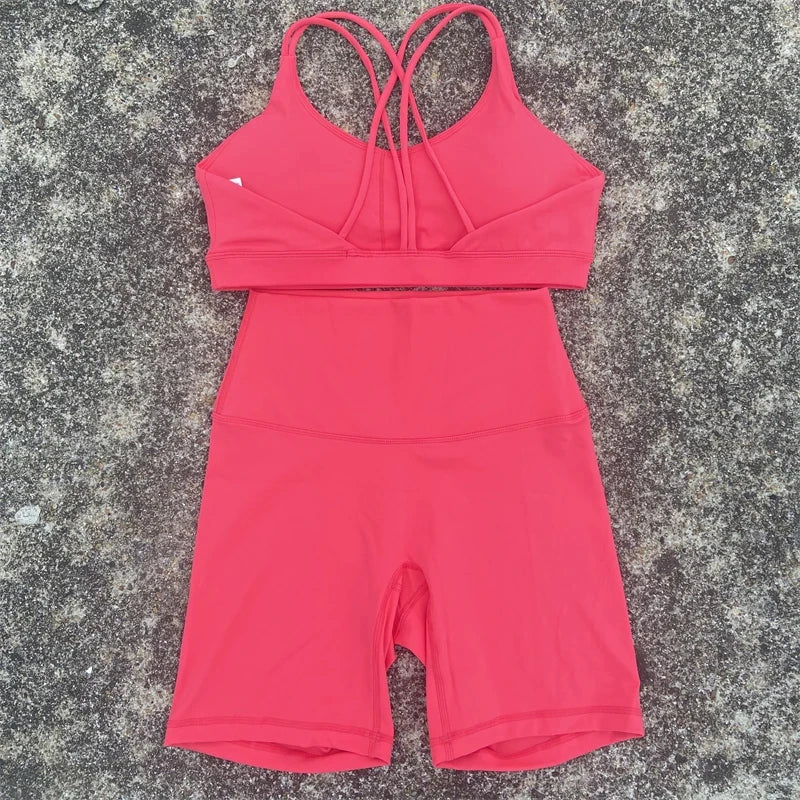 Solid Color Soft Women Gym Yoga Short Cycling Set Cross Back Gym  Bra+High Waist Short Leggings High impact shockproof Sportwear