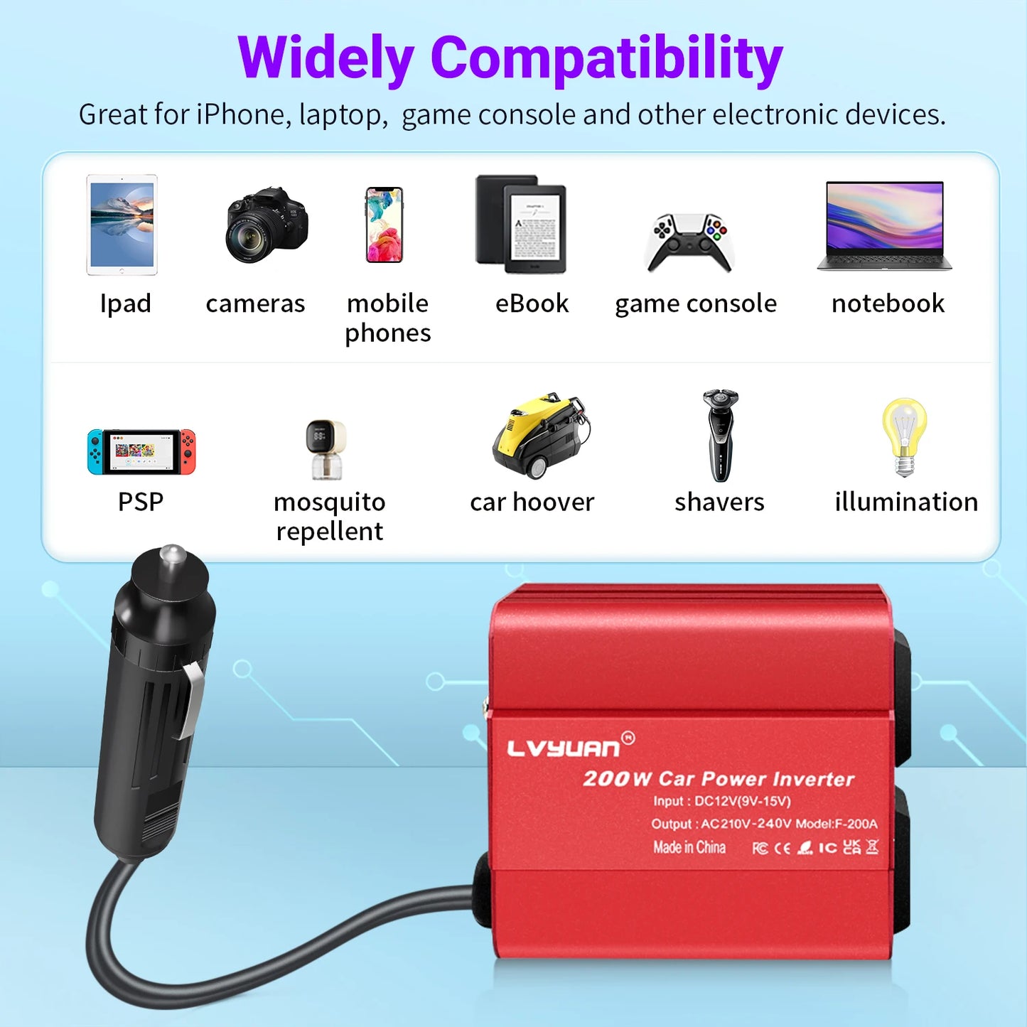 Car Inverter 300W 200W Portable 12V 220V 240V converter For Car Cigarette Lighters Fast Charging USB Output for Phone/PC/Camera