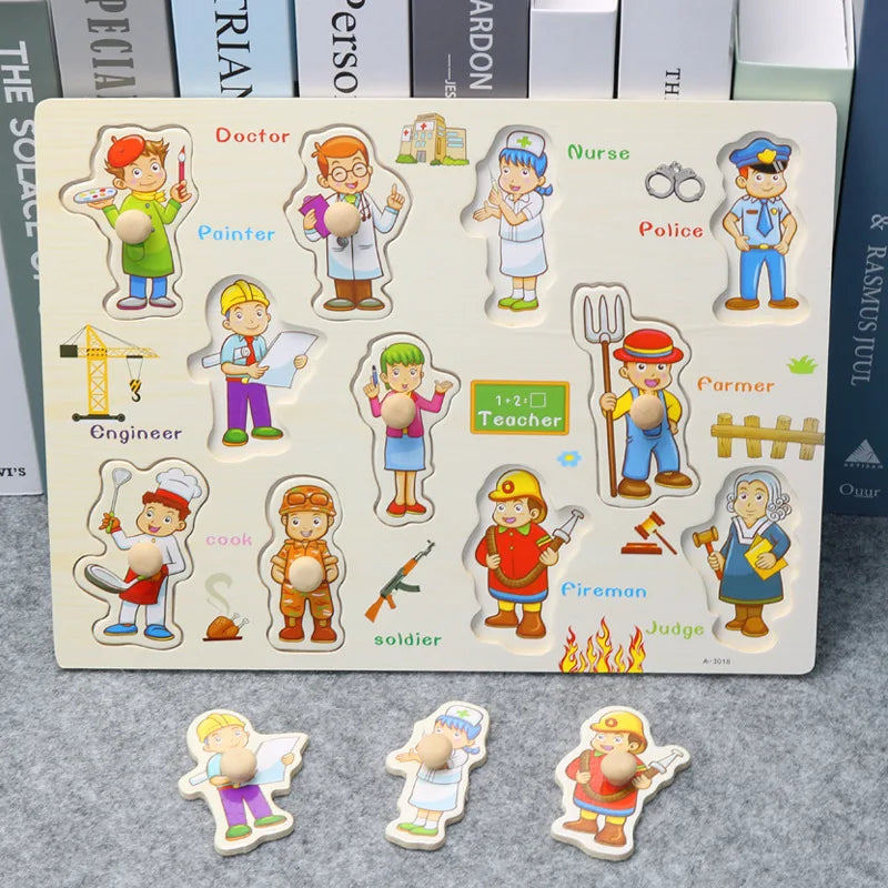 30cm Baby Toys Montessori Wooden Puzzle Hand Grab Board Educational Wood Puzzles for Kids Cartoon Animal Vehicle Gift for Child