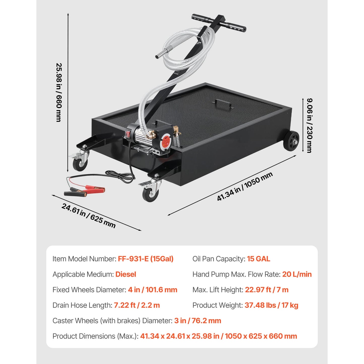 SucceBuy 15/20Gal Low Profile Oil Drain Pan Car Rolling Oil Drain Pan with Electric Pump & 7.2ft Hose for SUV Trucks Motorcycles