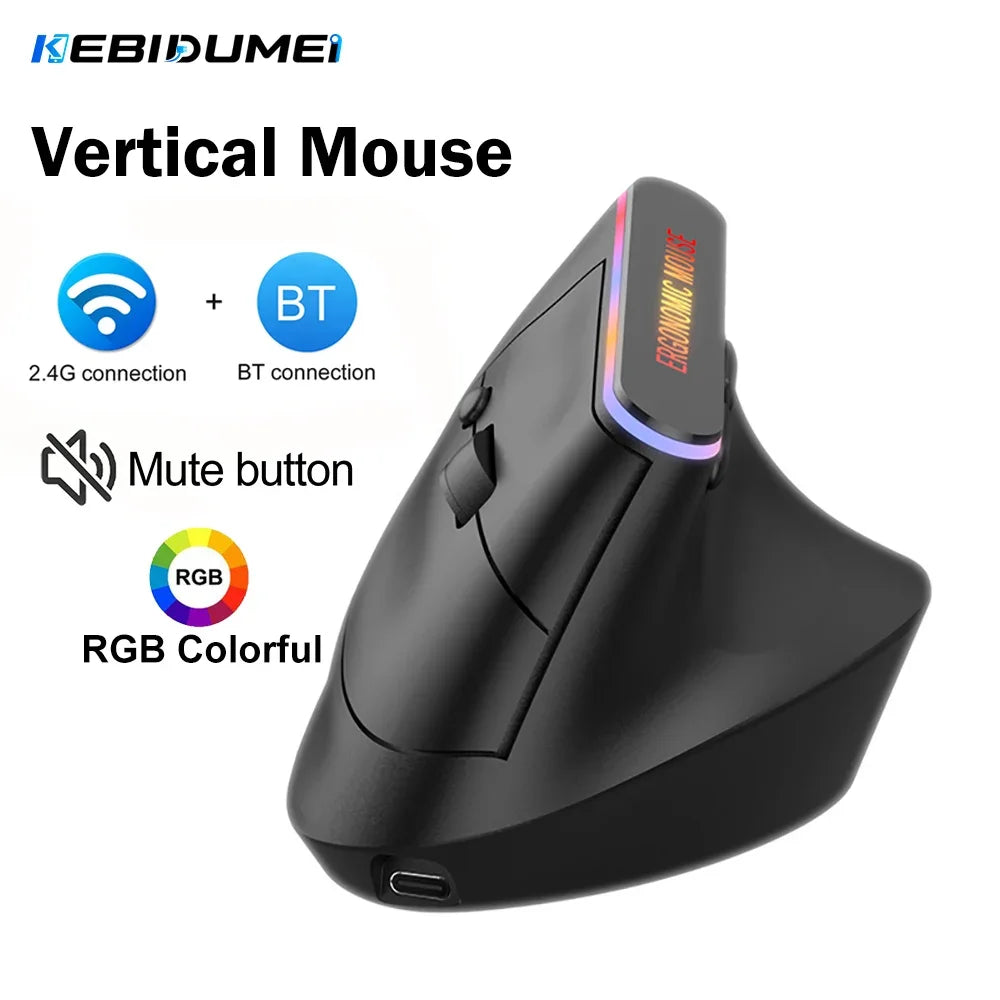KEBIDUMEI Vertical Mouse Bluetooth 5.2 2.4G Ergonomic Mouse Mute Buttons RGB Gaming Mouse for MacBook Tablet Laptops PC Mice