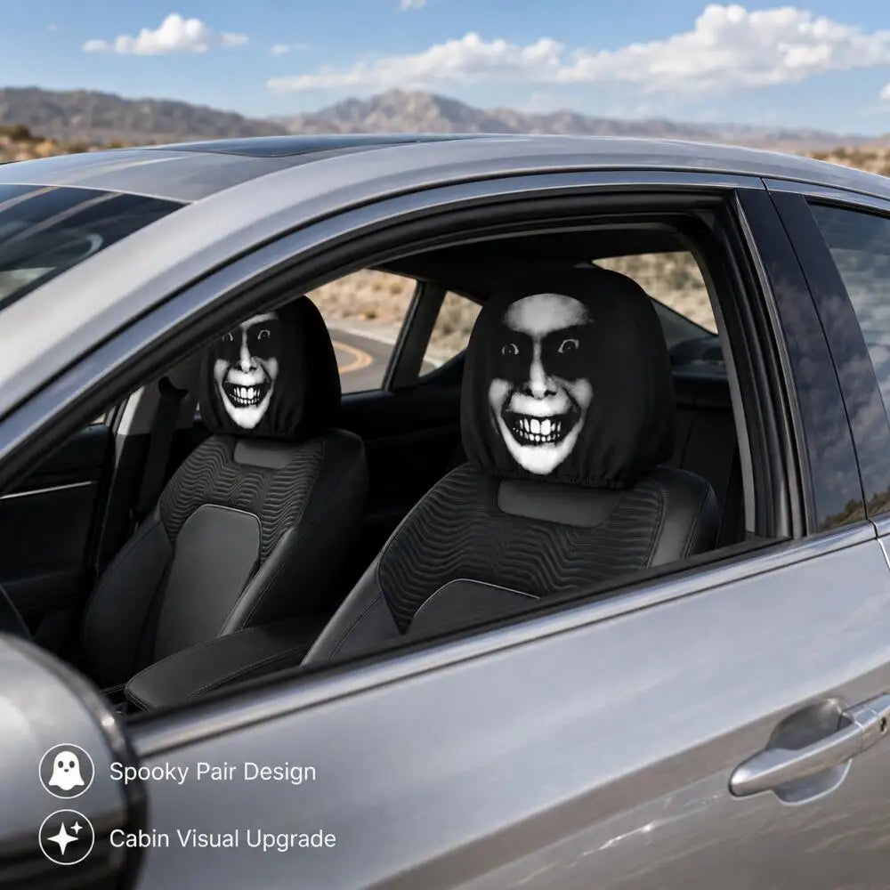 2PCS Scary Smile Face Car Headrest Covers Horror Grinning Print Black Auto Headrest Protector Universal Halloween Decor